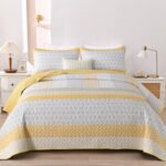 WONGS BEDDING Yellow Quilt King Size, Bohemian Stripe Quilt Sets 3 Pieces Boho Quilted Bedspread Set Lightweight Microfiber Coverlet Bedding Set All Season (104″x90″)